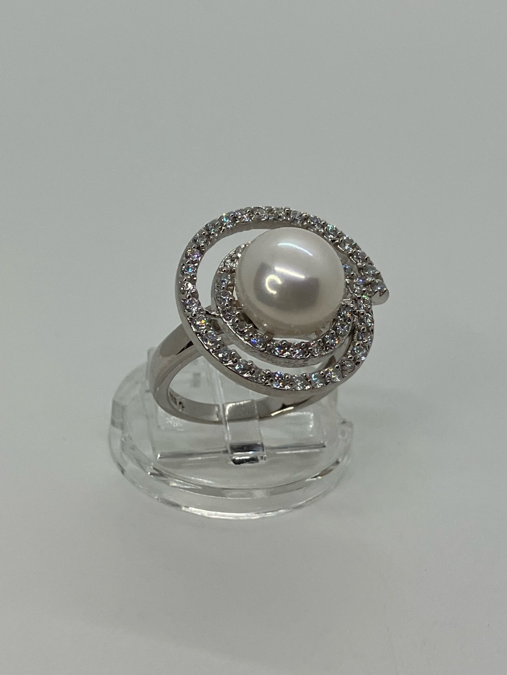 Vtg 925 Freshwater Pearl CZ Spiral Halo Statement Ring Sz 6.75